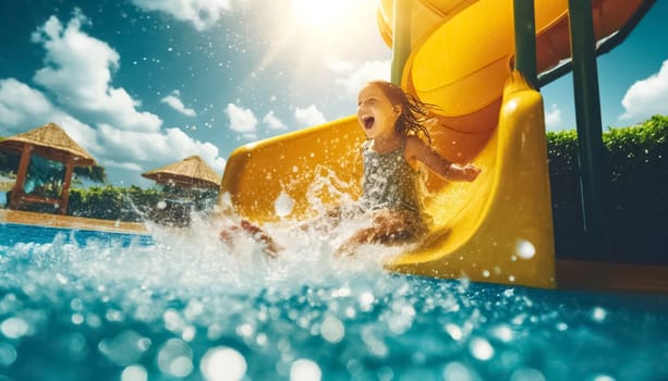 Vividly captures a little girl sliding from a bright yellow water slide into a pool, her face lit up with sheer happiness. The moment she hits the water, a big splash surrounds her, reflecting the sunny, cheerful atmosphere of a perfect summer day.