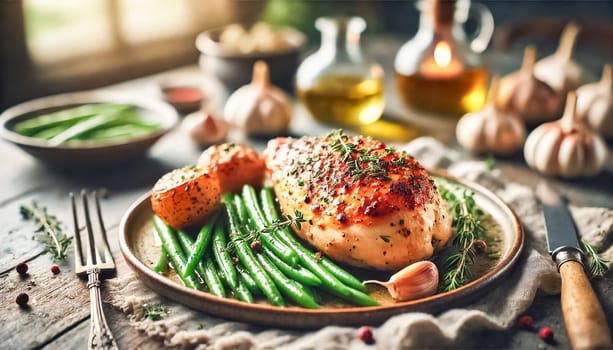 A top-down view of a fully sliced, golden brown roasted chicken breast, arranged on a rustic plate with fresh green beans and roasted baby potatoes. The dish is garnished with herbs and garlic, set on a wooden table under warm, natural lighting.