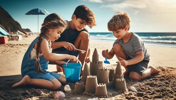 Three siblings focused on building a grand sand castle. The oldest, with a sun hat, wields a red spade, while the sister perfects the walls, and the youngest adds a flag.