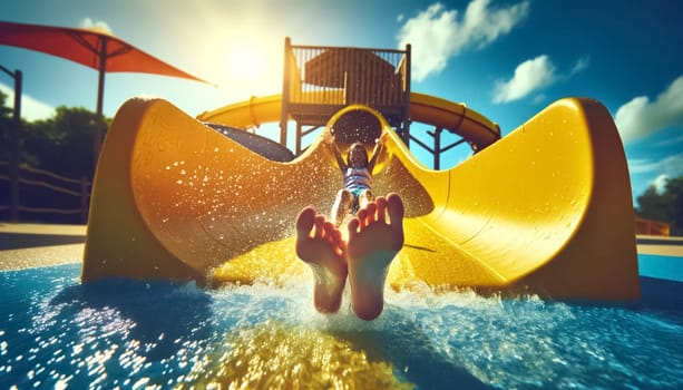 This close-up photograph captures the beaming joy of a little girl sliding down a yellow water slide under bright daylight. Her face, lit by natural sunlight, radiates excitement amidst the splashes of water.