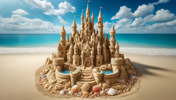 This image depicts a majestic sand castle with elaborate spires and detailed windows on a serene beach. Colorful flags and intricate seashell patterns adorn the castle, set against a tranquil ocean and a sky filled with fluffy clouds.