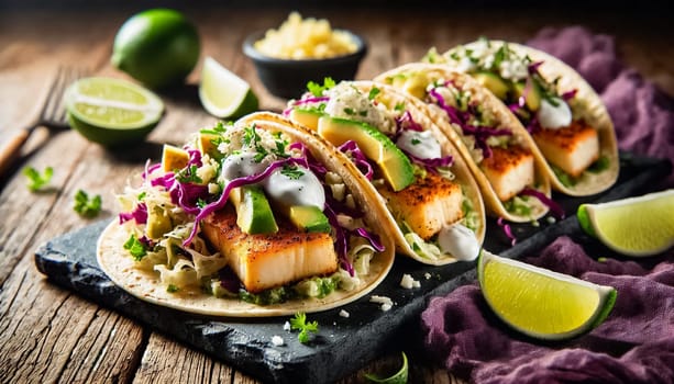 The images feature a close-up view of fish tacos filled with grilled fish, creamy avocado slices, and vibrant purple cabbage, topped with white crema and crumbled cheese. Lime wedges and a dark purple cloth add contrasting colors to the presentation, highlighting the freshness and flavor of the dish.