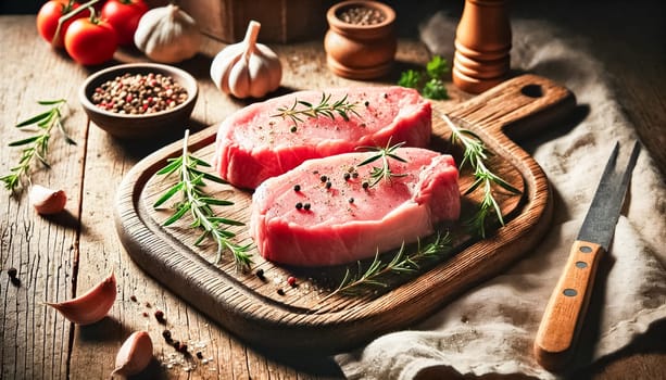 Low-angle close-up of seasoned raw pork steaks on a wooden cutting board, set in a rustic kitchen. Warm natural lighting highlights the texture and marbling of the meat, creating an inviting atmosphere for preparing a cozy, home-cooked meal.