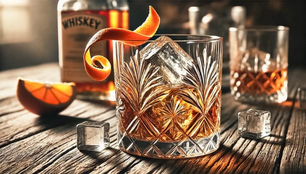 The images showcase glasses of amber whiskey on wooden tables, served in intricate, cut-glass tumblers with large ice cubes and curled orange peel garnishes. The warm lighting and soft shadows create a cozy and inviting atmosphere, focusing on the rich textures and hues of the whiskey.