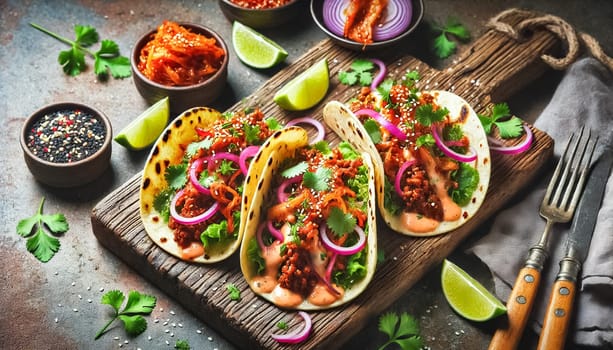 Close-up, high-definition images of three gourmet tacos featuring minced beef, vibrant kimchi, and creamy sauce, all presented on a rustic plate. Garnished with cilantro and sesame seeds, with charred tortillas adding a smoky touch, these tacos are a feast for the eyes and taste buds.