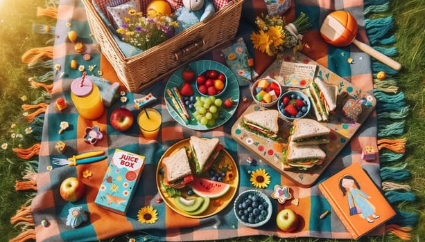 This image captures a cheerful flat lay of childrens picnic items spread on a checkered blanket, featuring colorful sandwiches, fresh fruits, and a playful arrangement of a juice box and wildflowers, perfect for a summer day in the park.