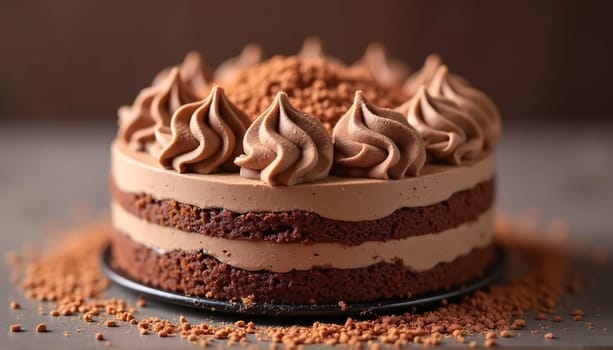 Cocoa sprinkles and rich textures adorn this chocolate mousse cake. A soft, fashionable background of brown mocha mousse . High quality photo