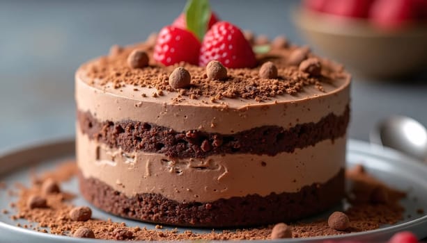 Cocoa sprinkles and rich textures adorn this chocolate mousse cake. A soft, fashionable background of brown mocha mousse . High quality photo