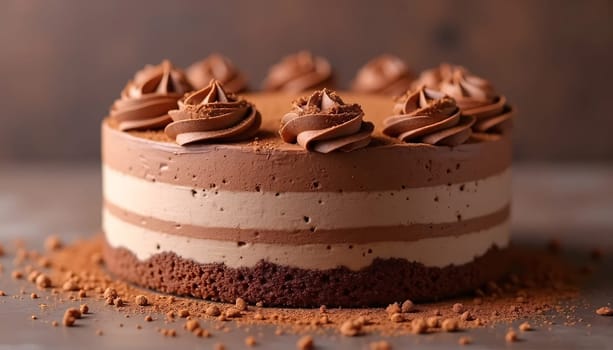 Cocoa sprinkles and rich textures adorn this chocolate mousse cake. A soft, fashionable background of brown mocha mousse . High quality photo