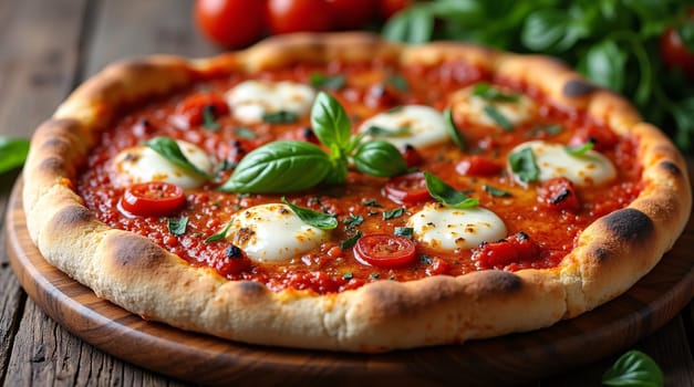 Italian cuisine, Roman Pinsa with sauce, cheese, and basil on top. High quality photo