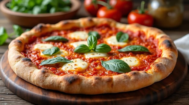 Italian cuisine, Roman Pinsa with sauce, cheese, and basil on top. High quality photo