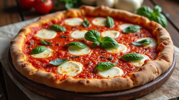 Italian cuisine, Roman Pinsa with sauce, cheese, and basil on top. High quality photo