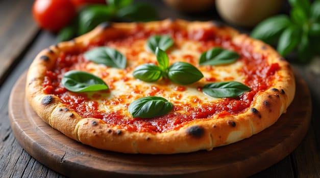 Italian cuisine, Roman Pinsa with sauce, cheese, and basil on top. High quality photo