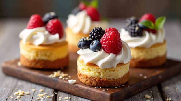 Elegantly prepared gourmet desserts with fresh berries and whipped cream that are perfect for marketing materials and culinary themes. High quality photo