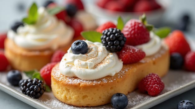 Elegantly prepared gourmet desserts with fresh berries and whipped cream that are perfect for marketing materials and culinary themes. High quality photo