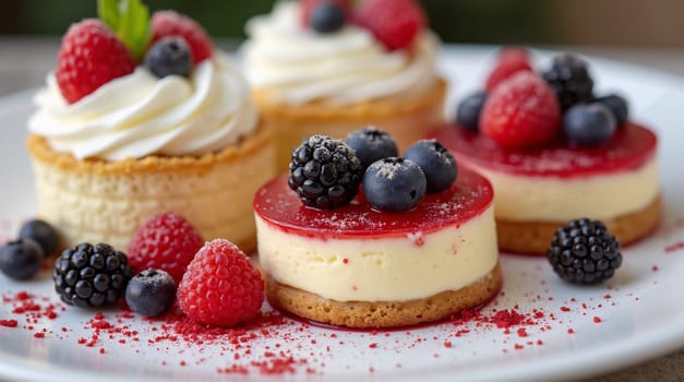 Elegantly prepared gourmet desserts with fresh berries and whipped cream that are perfect for marketing materials and culinary themes. High quality photo