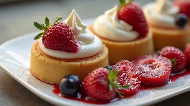 Elegantly prepared gourmet desserts with fresh berries and whipped cream that are perfect for marketing materials and culinary themes. High quality photo