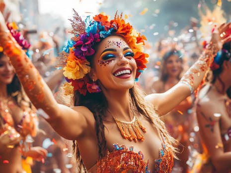 A woman wearing an elegant and ornate carnival suit enjoys a lively street celebration. The detailed mask features vibrant colors, feathers, and glitter, capturing the festive spirit of the carnival.