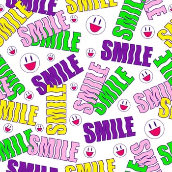 Bright playful funny seamless pattern with quote word smile