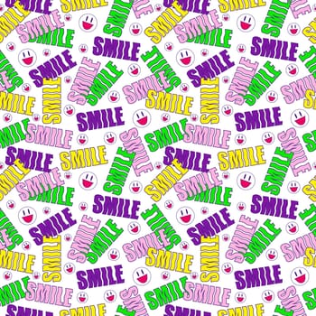 Bright playful funny seamless pattern with quote word smile