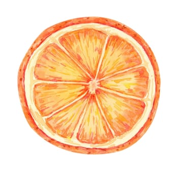 An orange slice in vibrant orange tones, Watercolor illustration, perfect for summer-themed designs, food blogs and kitchen decor. Detailed citrus fruit clipart for recipe books and beverage packaging