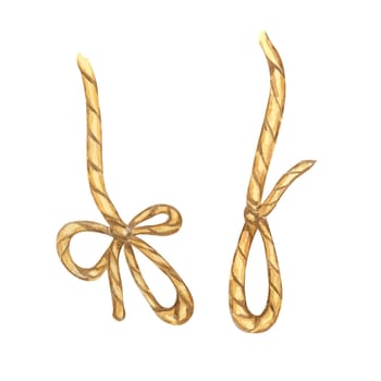 Two pieces of brown rope in loops, watercolor clipart for nautical-themed designs, craft projects, and rustic decor. Detailed ribbon design element illustration for invitations, and DIY projects