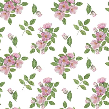 Rosa Canina flowers with pink petals, buds with lush green leaves. Seamless pattern. Watercolor hand painted clipart for fabric design, wrapping paper, or printable stationery for creative projects