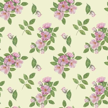 Rosa Canina flowers and rosehip buds with soft green leaves on pale yellow background. Watercolor clipart, retro seamless pattern perfect for use in home decor, textile prints, or digital backgrounds