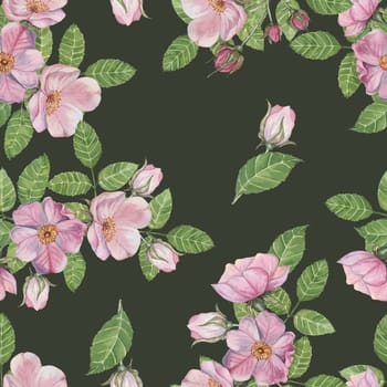 Flowers of Rosa Canina with soft green leaves on dark green background. Seamless pattern, watercolor illustration. Clipart for apparel design, gift wrap, or as a decorative element in home textiles