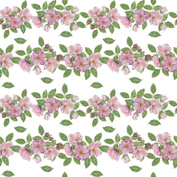 Flowers of Rosa Canina in pink and green leaves create a seamless horizontal watercolor pattern. Suitable for textiles, wallpapers, or home decor accents, bringing a soft natural element to designs