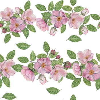 Rosa Canina flowers in bloom, buds, and green leaves in horizontal composition. Seamless pattern watercolor clipart. Perfect for enhancing wallpaper, fabric designs, upholstery, or stationery