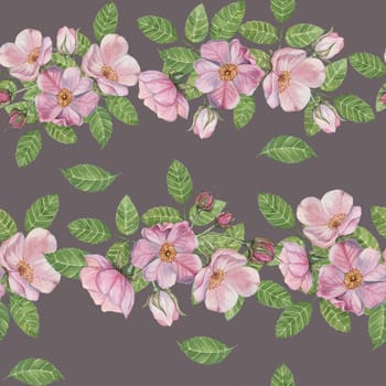 Pink Rosa Canina flowers, rosehip buds and leaves on soft purple background. Seamless watercolor pattern clipart. Ideal for fabric design, home textiles, or crafting projects with floral arrangements