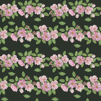 Watercolor clipart of pink Rosa Canina flowers, rosehip buds, and green leaves. Hand drawn floral seamless pattern clipart. Great for fabric printing, wallpaper design, kitchen textile or packaging