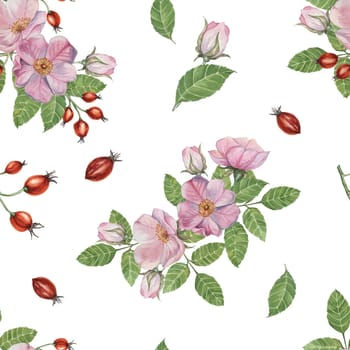 Flowers of Rosa Canina, wild rose buds, rosehip, and green leaves. Watercolor clipart, seamless pattern. Ideal for fabric design, wallpapers, or stationery, offering a nature-inspired artistic touch