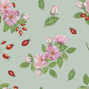 Flowers of Rosa Canina, wild rose buds, rosehip, and green leaves. Watercolor clipart, seamless pattern. Ideal for fabric design, wallpapers, or stationery, offering a nature-inspired artistic touch