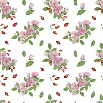 Flowers of Rosa Canina, wild rose buds, rosehip, and green leaves. Watercolor clipart, seamless pattern. Ideal for fabric design, wallpapers, or stationery, offering a nature-inspired artistic touch