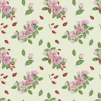 Flowers of Rosa Canina, wild rose buds, rosehip, and green leaves. Watercolor clipart, seamless pattern. Ideal for fabric design, wallpapers, or stationery, offering a nature-inspired artistic touch