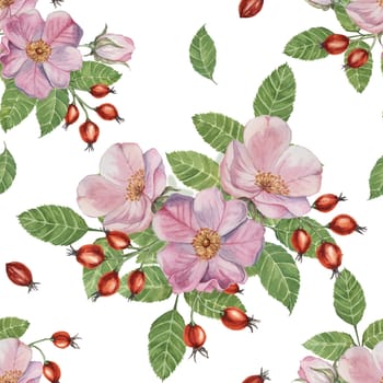Flowers of Rosa Canina, wild rose buds, rosehip, and green leaves. Watercolor clipart, seamless pattern. Ideal for fabric design, wallpapers, or stationery, offering a nature-inspired artistic touch