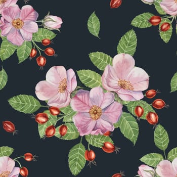 Flowers of Rosa Canina, wild rose buds, rosehip, and green leaves. Watercolor clipart, seamless pattern. Ideal for fabric design, wallpapers, or stationery, offering a nature-inspired artistic touch
