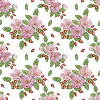 Flowers of Rosa Canina, wild rose buds, rosehip, and green leaves. Watercolor clipart, seamless pattern. Ideal for fabric design, wallpapers, or stationery, offering a nature-inspired artistic touch
