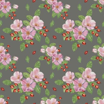 Flowers of Rosa Canina, wild rose buds, rosehip, and green leaves. Watercolor clipart, seamless pattern. Ideal for fabric design, wallpapers, or stationery, offering a nature-inspired artistic touch