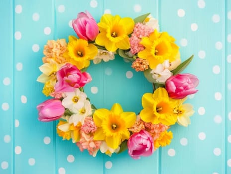 Colorful spring flower wreath adorned with pink tulips, yellow daffodils, and assorted blossoms rests against a charming blue polka dot backdrop, celebrating the beauty of the season.