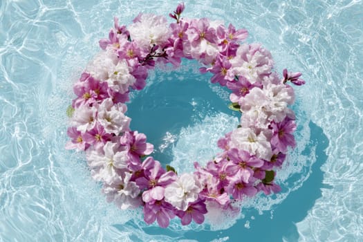 A vibrant spring wreath adorned with pink and white flowers gently drifts on calm water. Soft bubbles rise around it as sunlight sparkles, enhancing the peaceful ambiance of the setting.