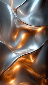 Waves of metallic fabric create a dynamic texture featuring a blend of silver and orange tones. Soft lighting highlights the curves, enhancing the visual interest of the material.