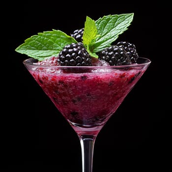 A stunning cocktail in a martini glass features blackberry hues and fresh mint, all set against a dark background for a striking contrast.