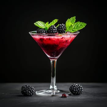 Sipping a fancy cocktail crafted with blackberries and mint leaves, this elegant martini glass is presented beautifully against a dark background, highlighting its rich colors and inviting taste.