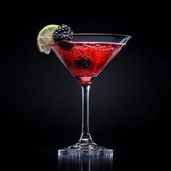 A fancy cocktail drink sits in a martini glass, featuring a striking blend of colors with blackberries and a slice of lime as garnish.