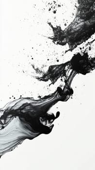 Black ink flows and disperses dynamically across a stark white surface, creating an intriguing abstract design filled with movement and contrast. The interplay of colors is captivating.