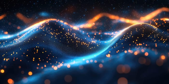 Flowing waves of light create a mesmerizing display of bright orange and blue particles against a dark backdrop, evoking a sense of movement and energy in the digital realm.