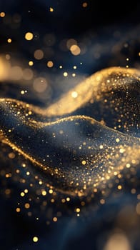 Golden particles swirl and dance in a soft wave pattern, creating an enchanting abstract visual against a dark background. The scene evokes a sense of elegance and tranquility.